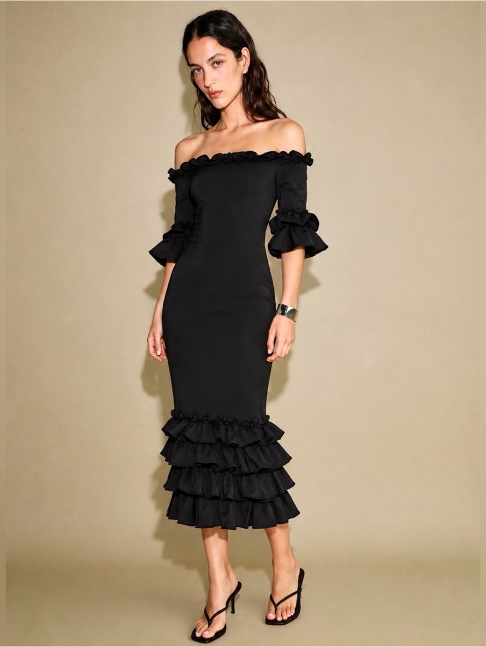NWOT Revolve Donna Mizani Off Shoulder Stretch Black Midi Dress Ruffle Hem | XS